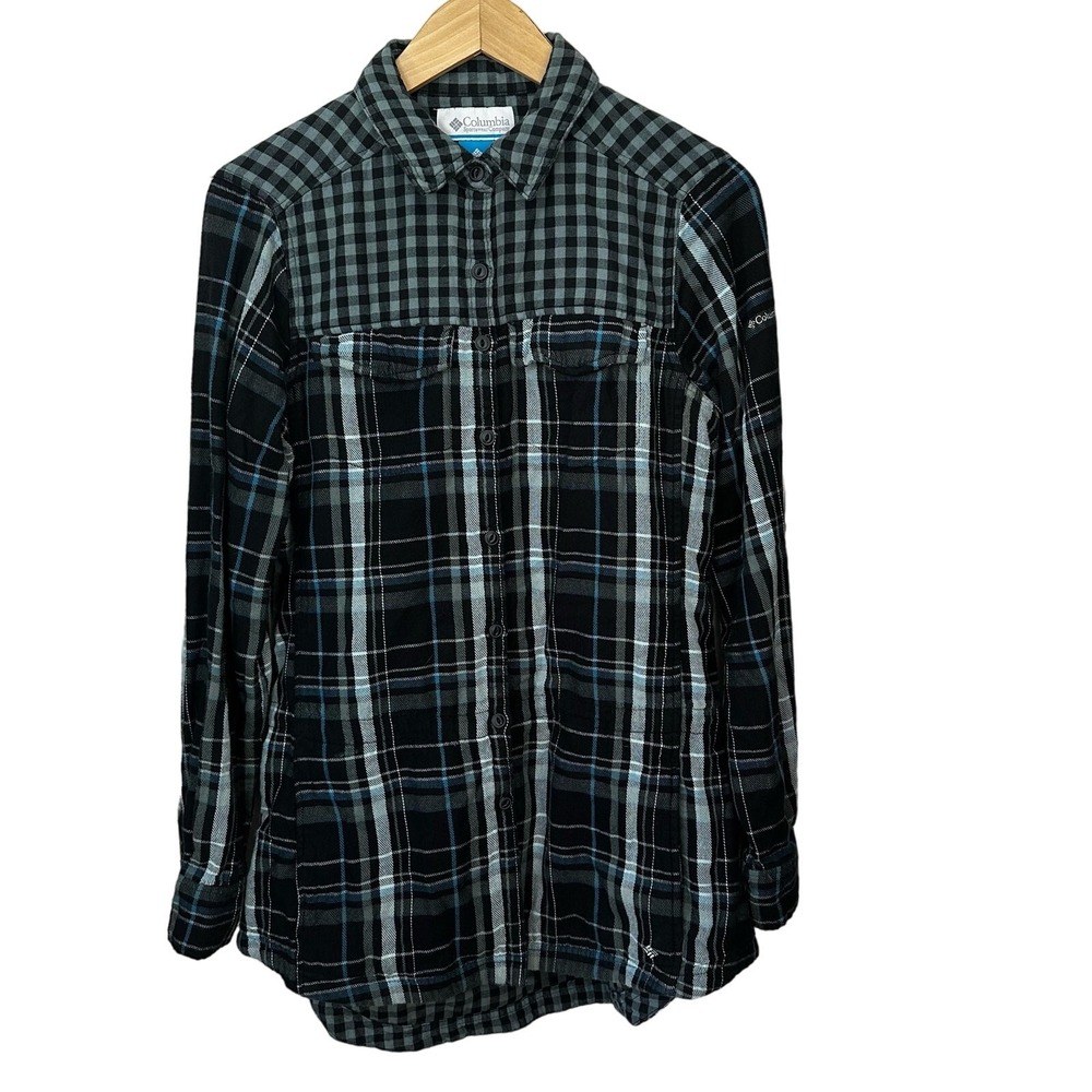 Columbia Womens Shirt L Plaid Flannel Bungee Cinch Waist Tunic Black/Green/Blue